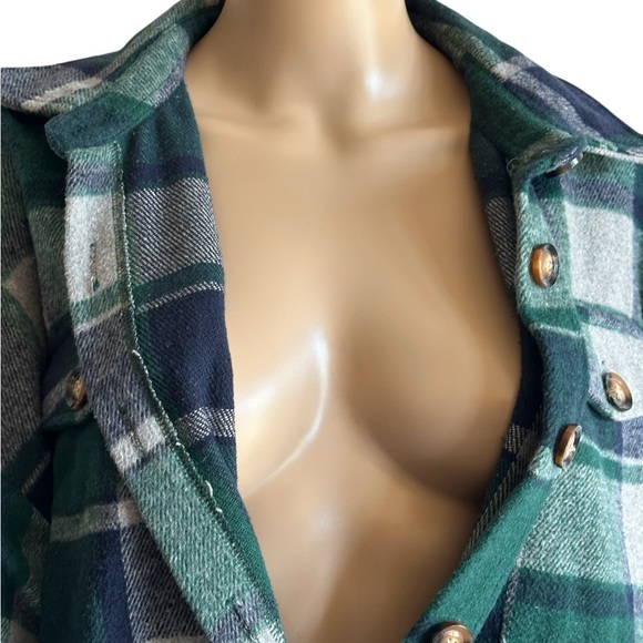 Green Plaid Button-Up Shirt Dress, Checkered Pattern,Streetwear, Relaxed Fit - Picture 5 of 10